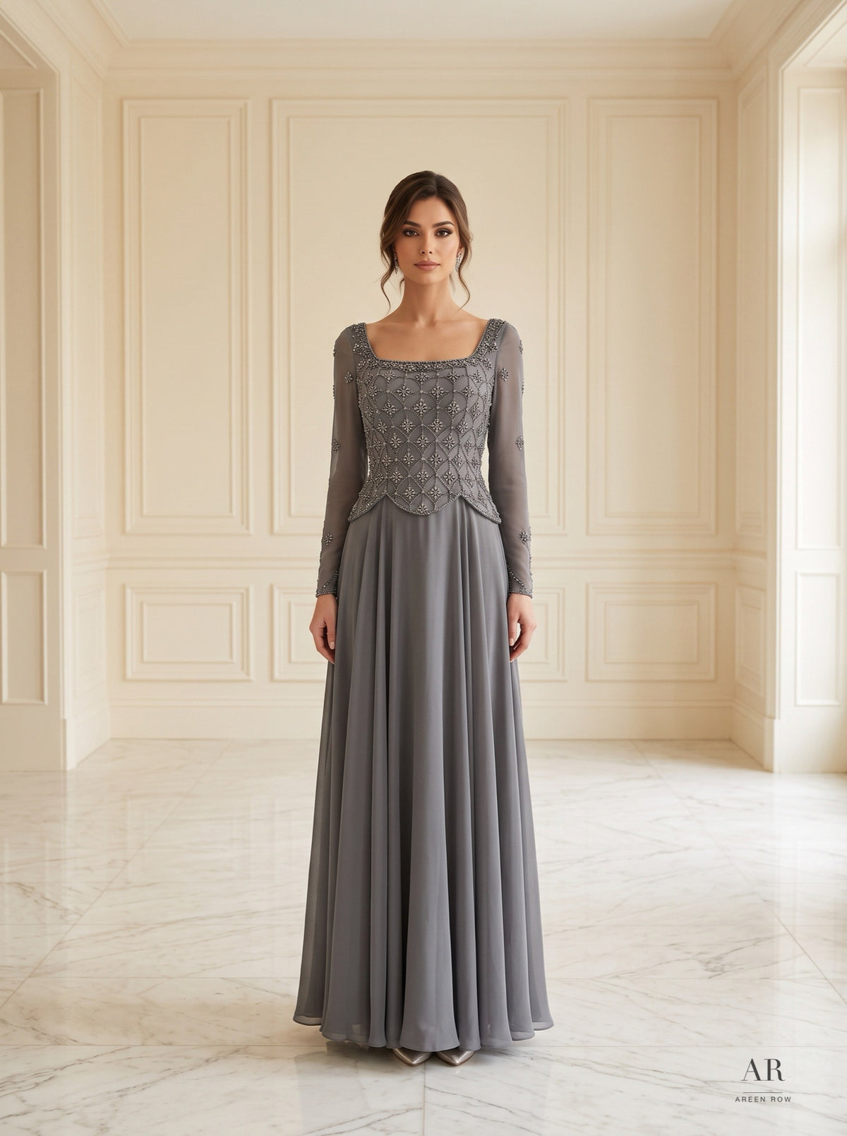 Adara beaded lattice a-line evening gown by Areen Row, front view