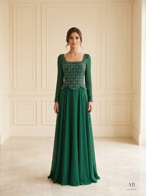 Adara beaded lattice a-line evening gown by Areen Row, detail view