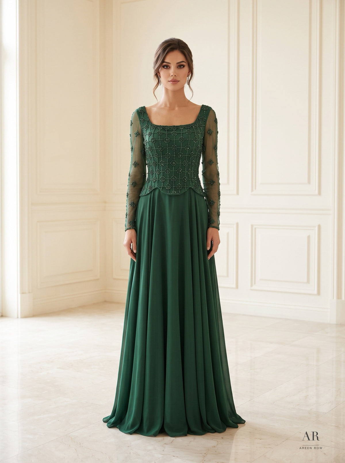 Adara beaded lattice a-line evening gown by Areen Row, view 3