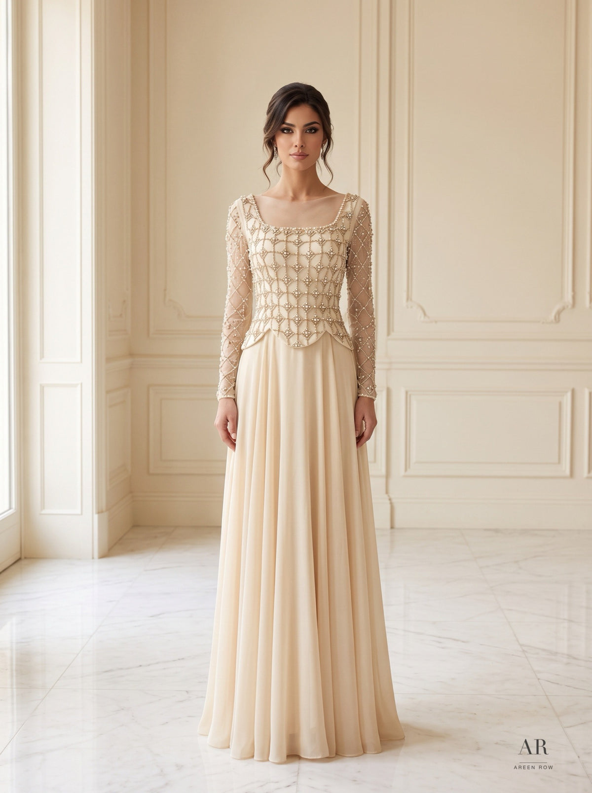 Adara beaded lattice a-line evening gown by Areen Row, view 4