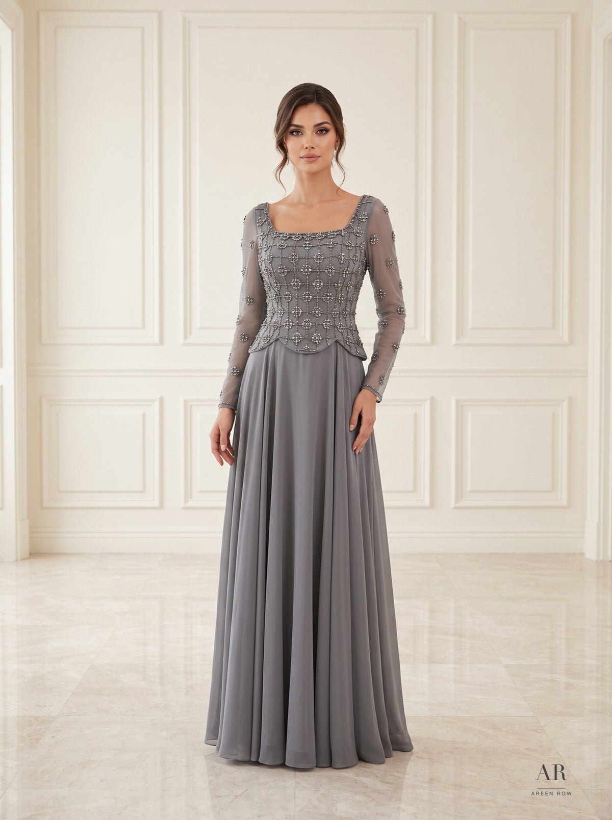 Adara beaded lattice a-line evening gown by Areen Row, view 5