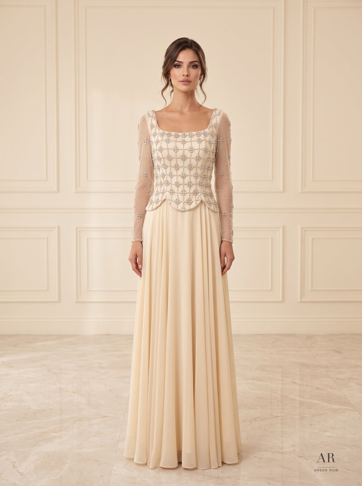Adara beaded lattice a-line evening gown by Areen Row, view 6