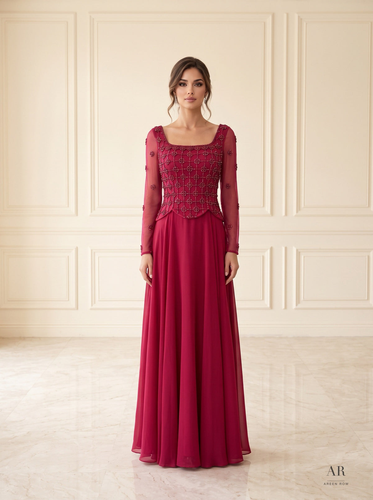 Adara beaded lattice a-line evening gown by Areen Row, view 7