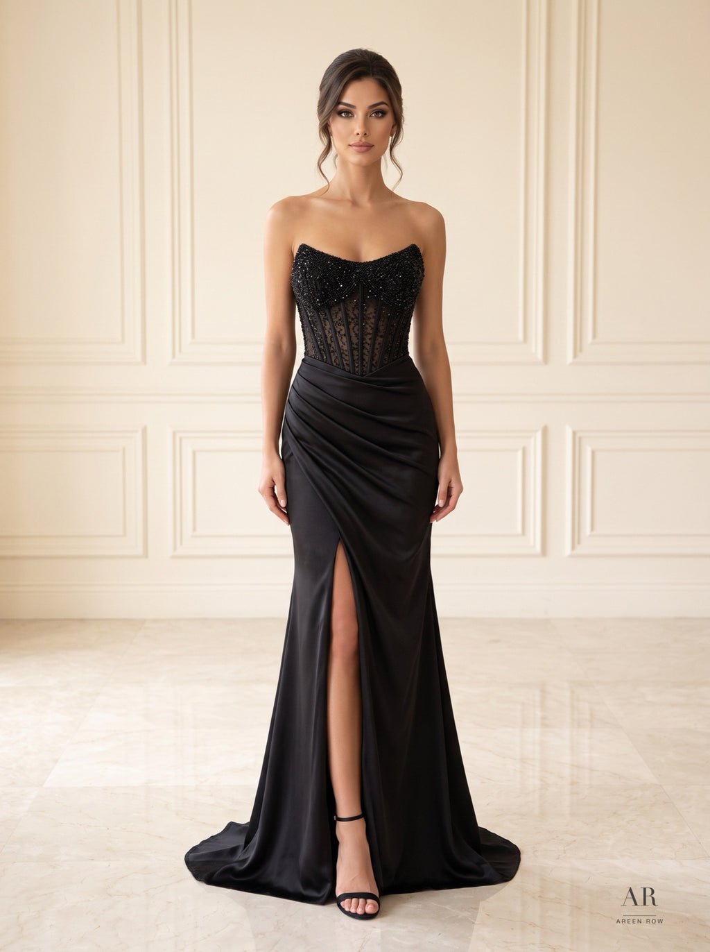 Aiyla beaded corset ruched slit evening gown by Areen Row, front view