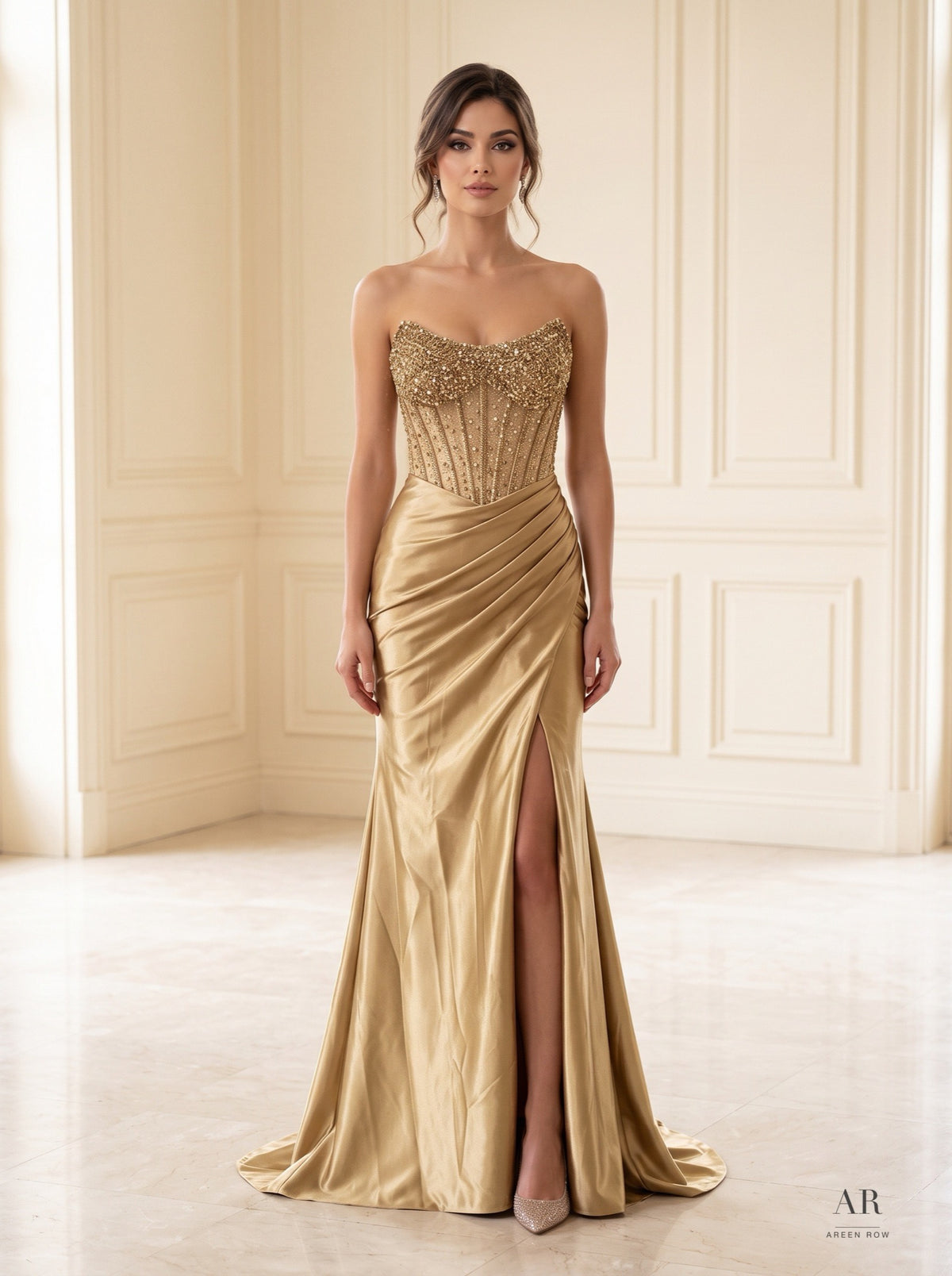 Aiyla beaded corset ruched slit evening gown by Areen Row, view 3