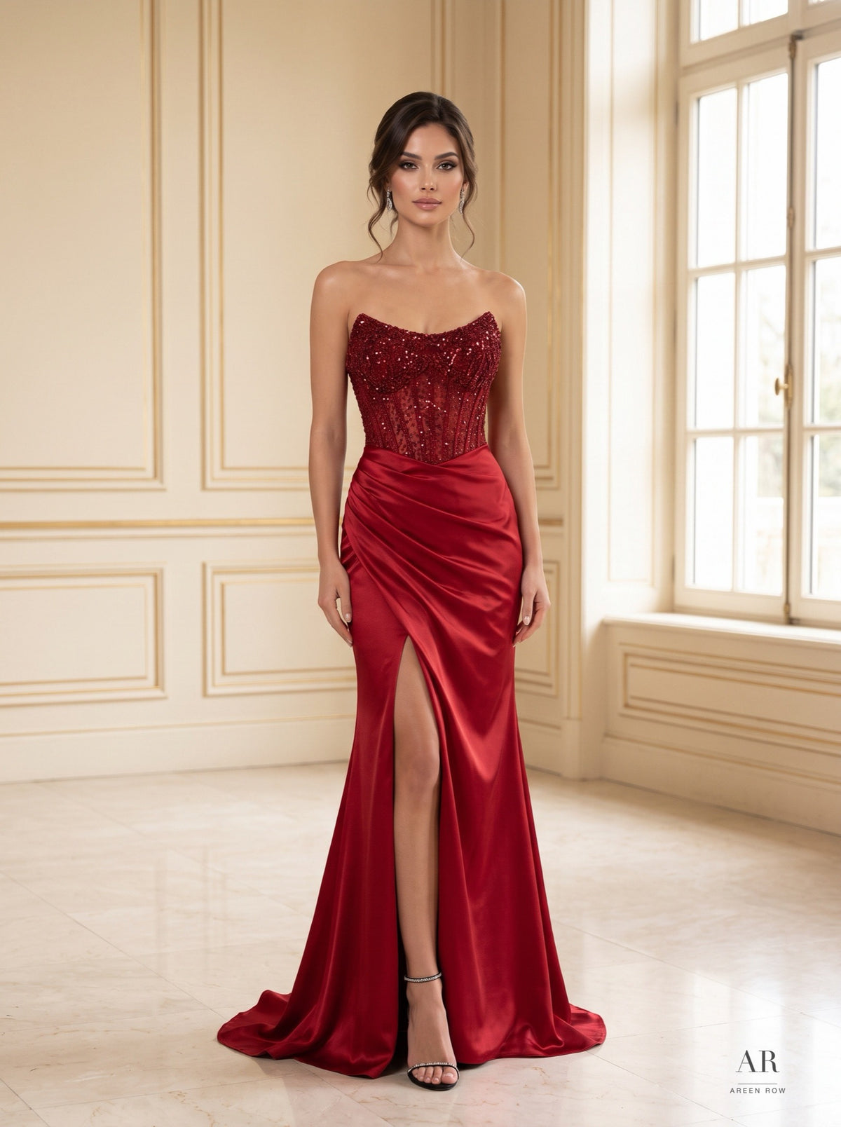 Aiyla beaded corset ruched slit evening gown by Areen Row, view 4