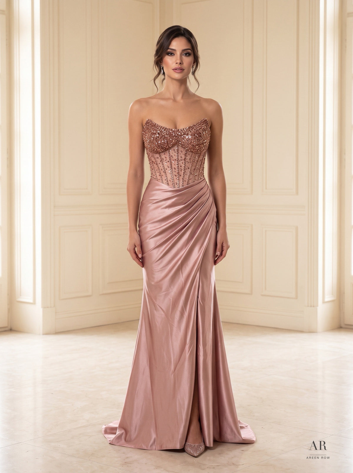 Aiyla beaded corset ruched slit evening gown by Areen Row, view 6