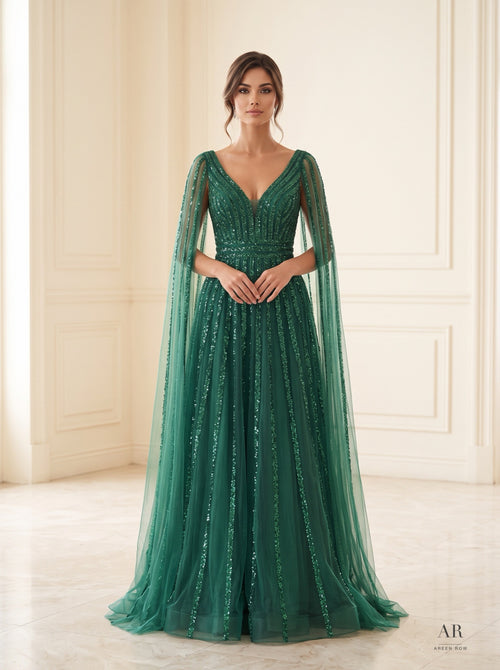 Alara beaded cape v-neck a-line evening gown by Areen Row, front view