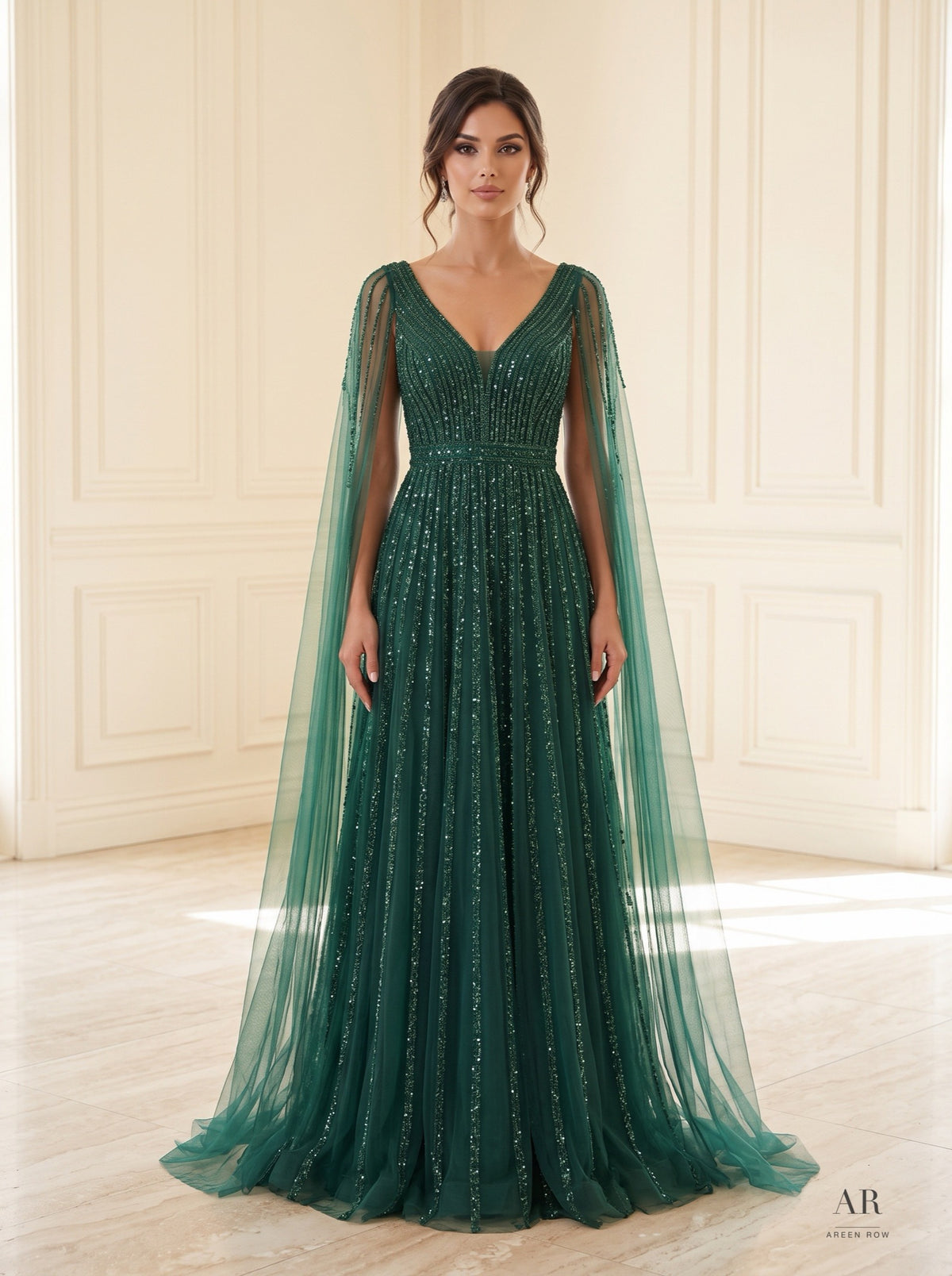 Alara beaded cape v-neck a-line evening gown by Areen Row, detail view