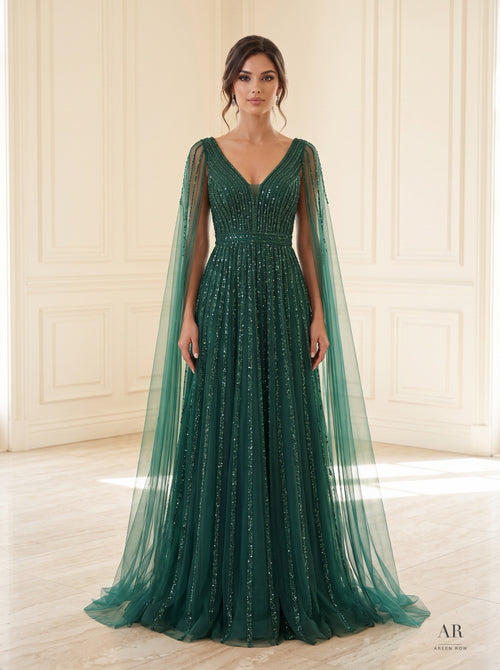 Alara beaded cape v-neck a-line evening gown by Areen Row, detail view