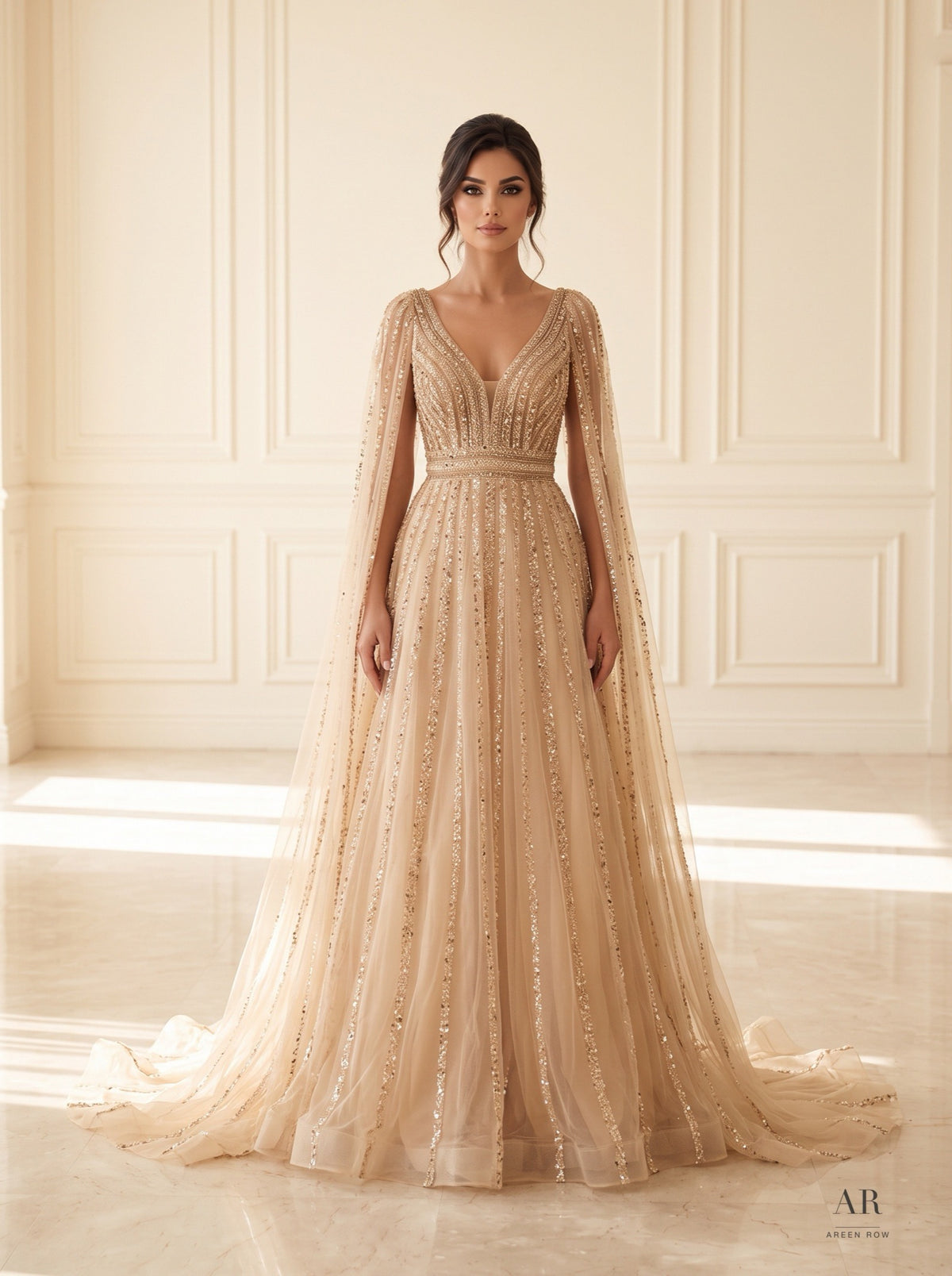Alara beaded cape v-neck a-line evening gown by Areen Row, view 3
