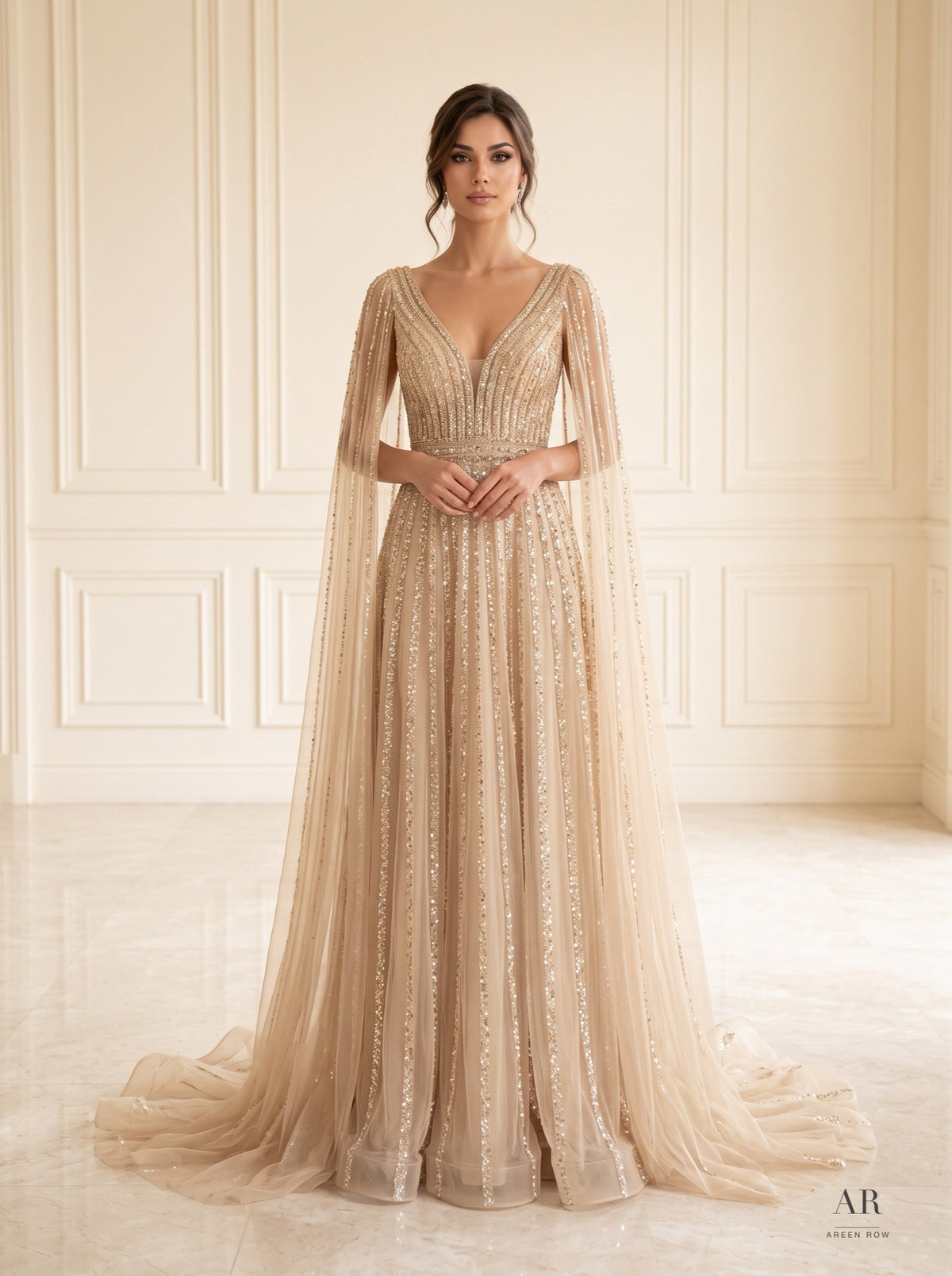 Alara beaded cape v-neck a-line evening gown by Areen Row, view 4