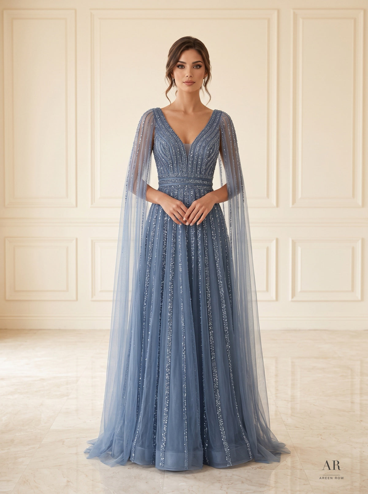 Alara beaded cape v-neck a-line evening gown by Areen Row, view 5
