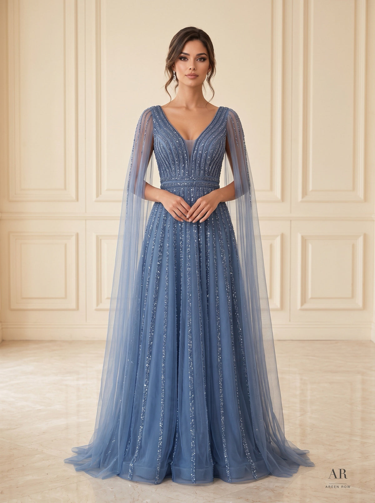 Alara beaded cape v-neck a-line evening gown by Areen Row, view 6
