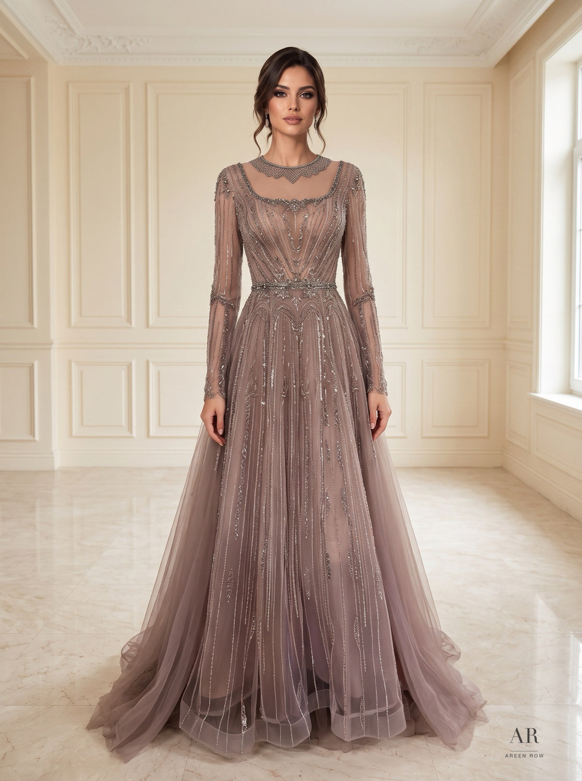 Alba mauve geometric beaded a-line evening gown by Areen Row
