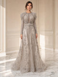 Albane silver puffed long-sleeve beaded a-line evening gown by Areen Row