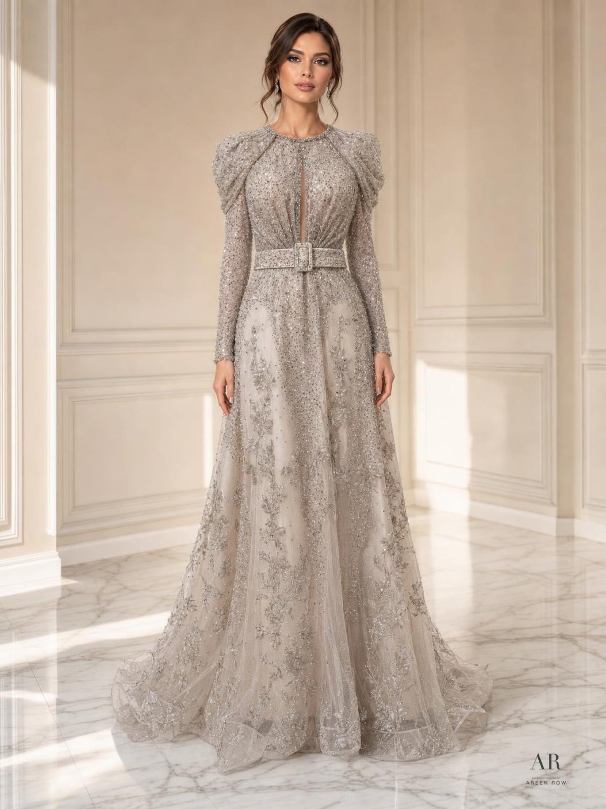 Albane silver puffed long-sleeve beaded a-line evening gown by Areen Row