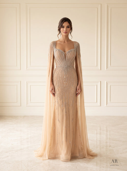 Alina beaded illusion cape trumpet evening gown by Areen Row, front view