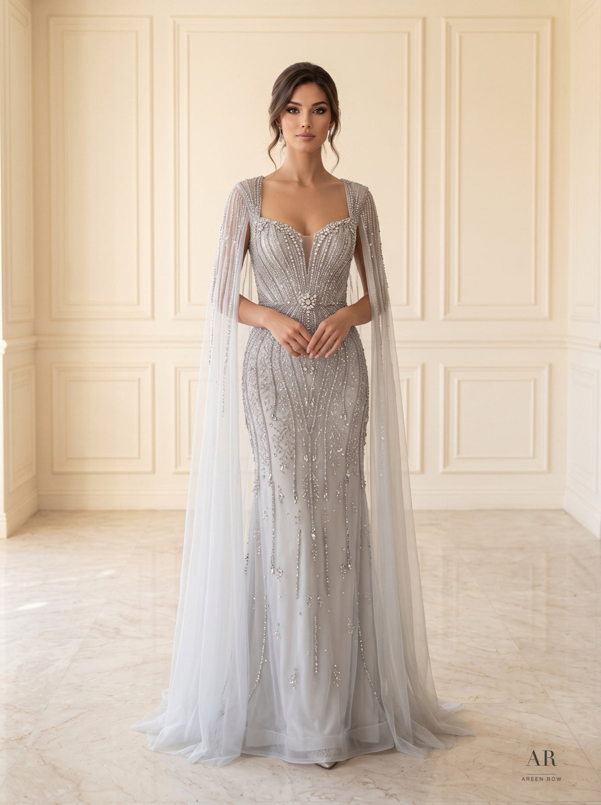 Alina beaded illusion cape trumpet evening gown by Areen Row, detail view