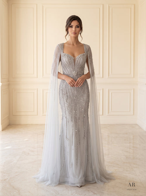 Alina beaded illusion cape trumpet evening gown by Areen Row, detail view