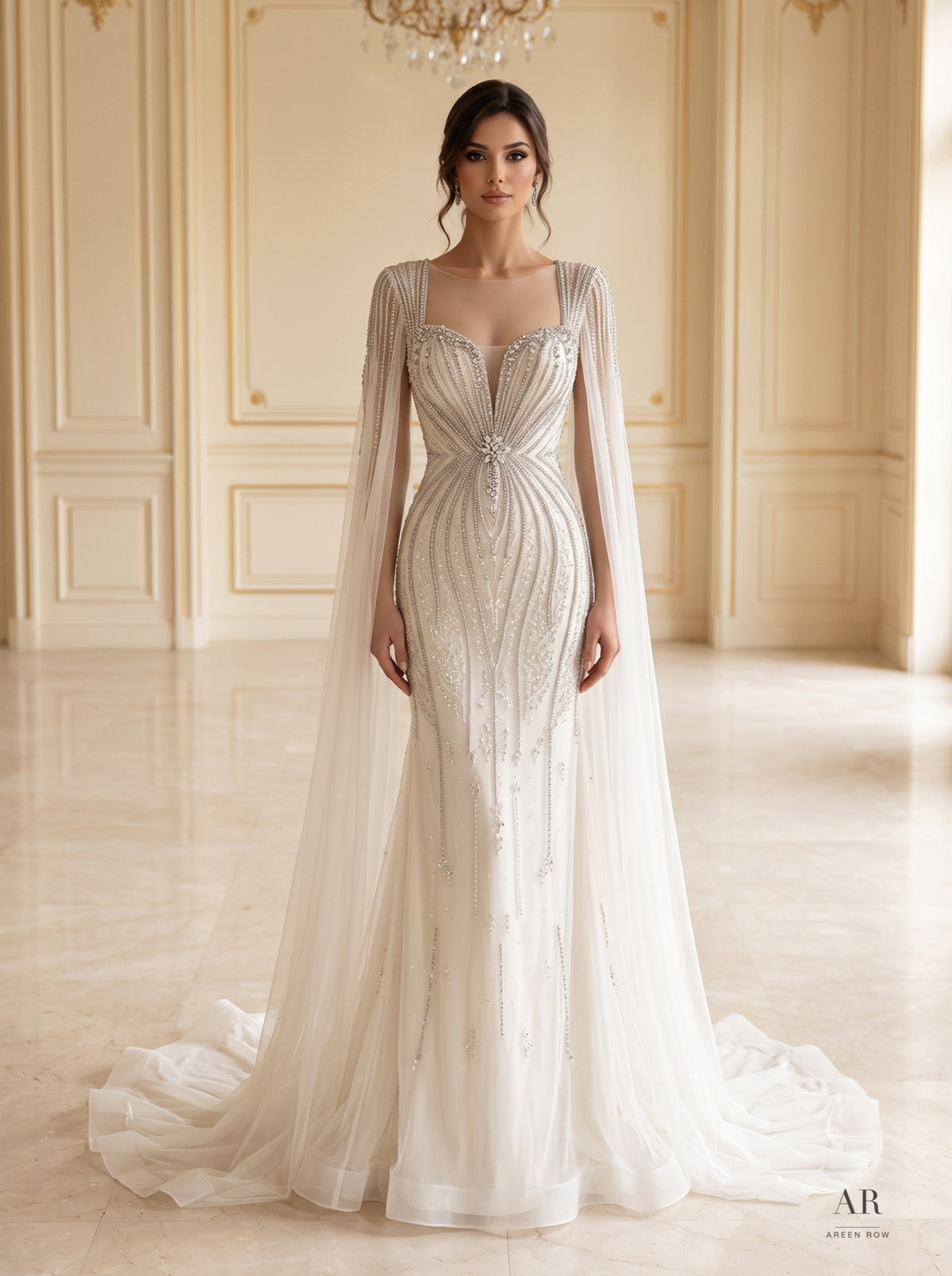 Alina beaded illusion cape trumpet evening gown by Areen Row, view 3
