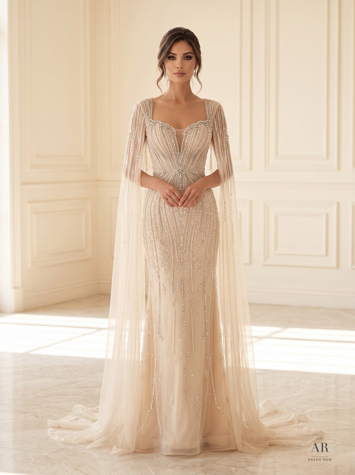 Alina beaded illusion cape trumpet evening gown by Areen Row, view 4