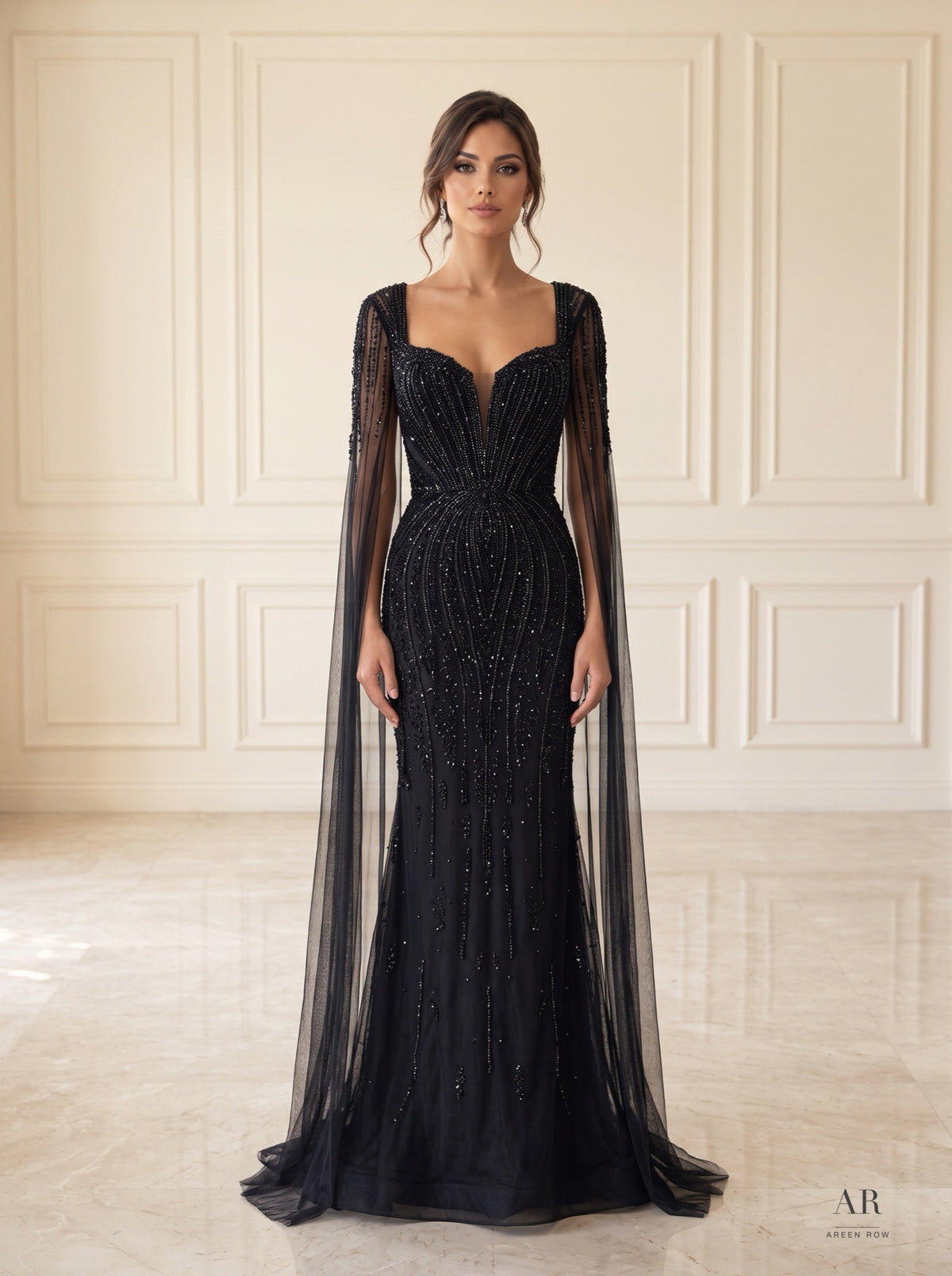 Alina beaded illusion cape trumpet evening gown by Areen Row, view 5