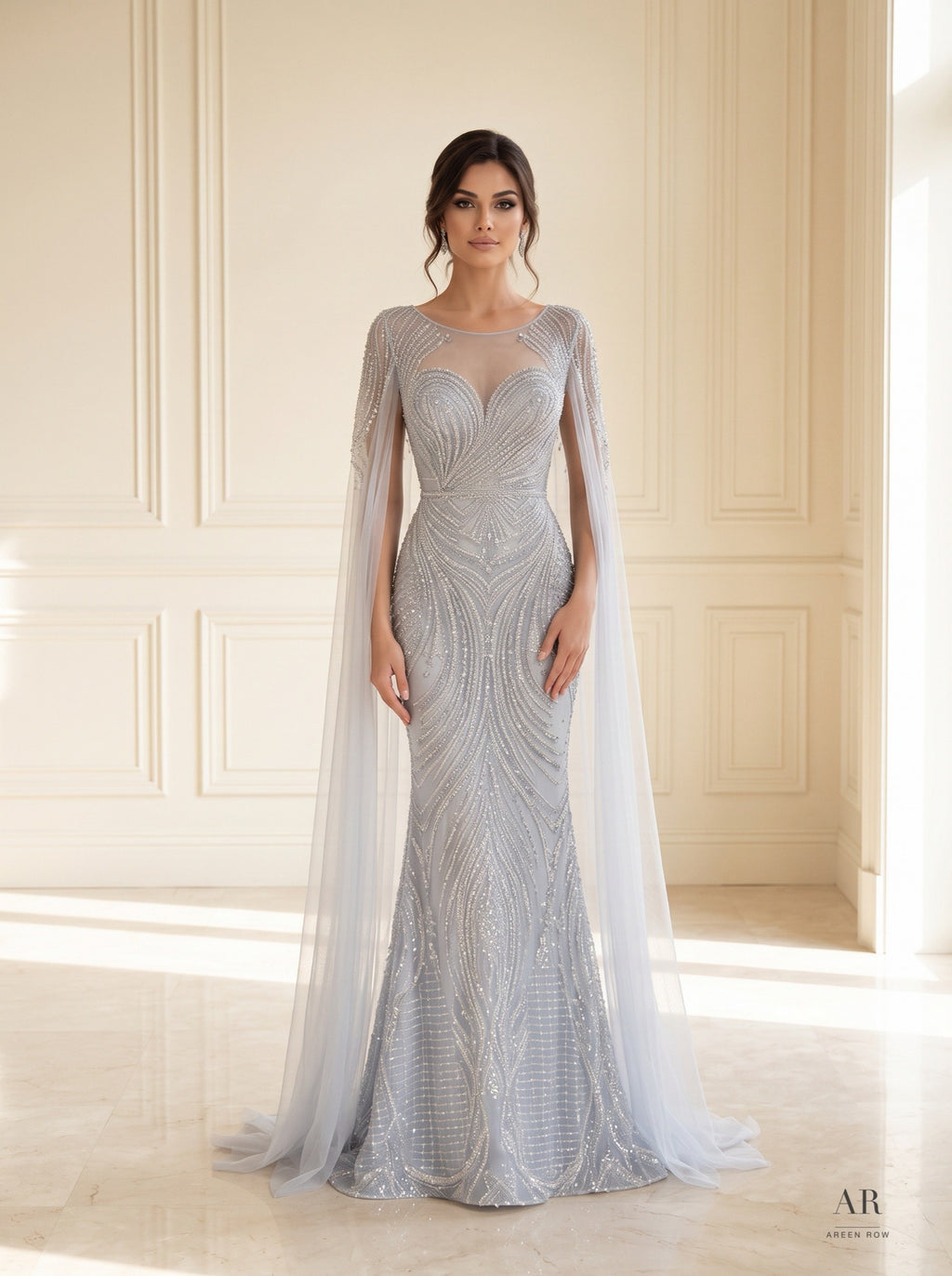 Amani beaded illusion cape-sleeve evening gown by Areen Row, front view