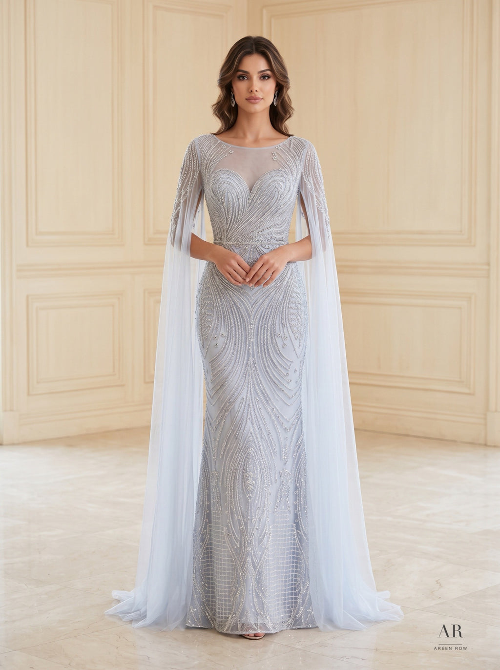 Amani beaded illusion cape-sleeve evening gown by Areen Row, detail view