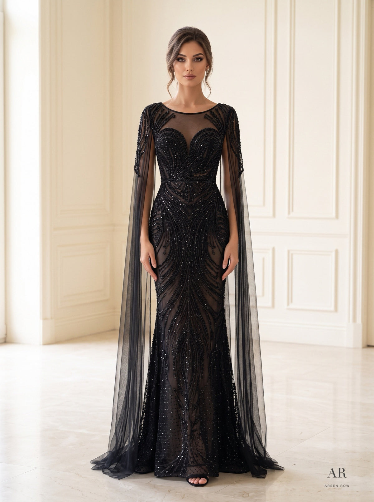 Amani beaded illusion cape-sleeve evening gown by Areen Row, view 3