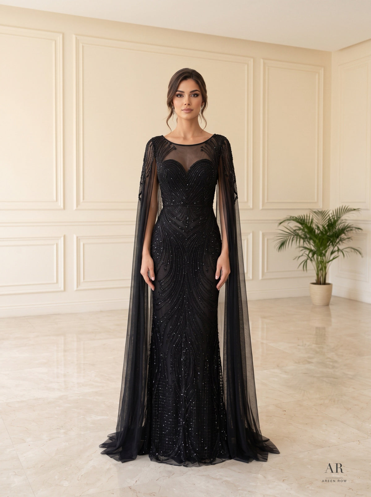 Amani beaded illusion cape-sleeve evening gown by Areen Row, view 4