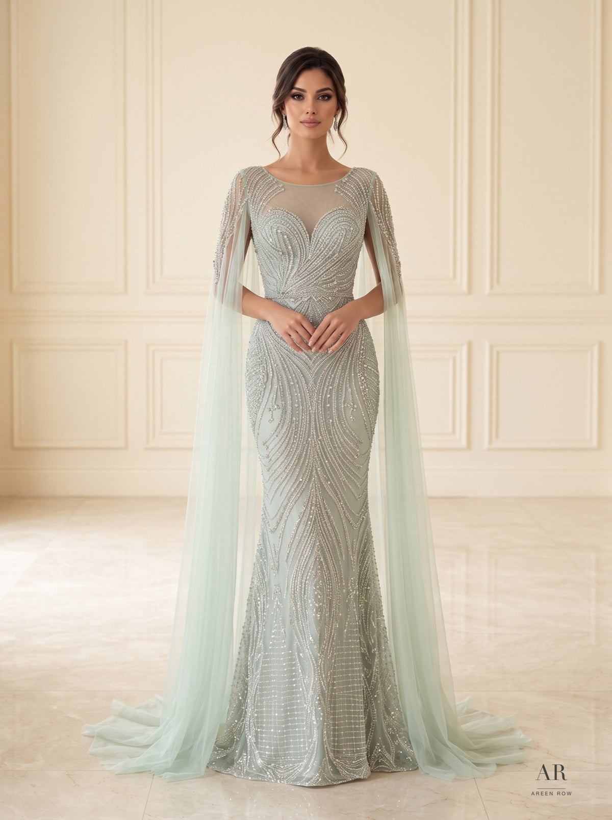 Amani beaded illusion cape-sleeve evening gown by Areen Row, view 5