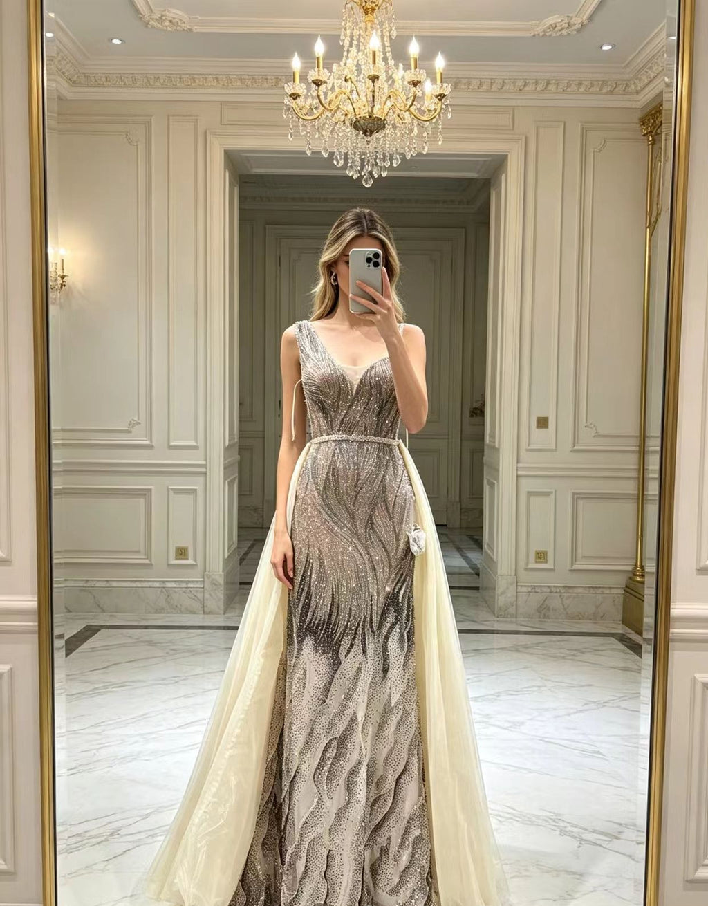 Amara champagne feather-beaded overskirt wedding dress by Areen Row, view 4