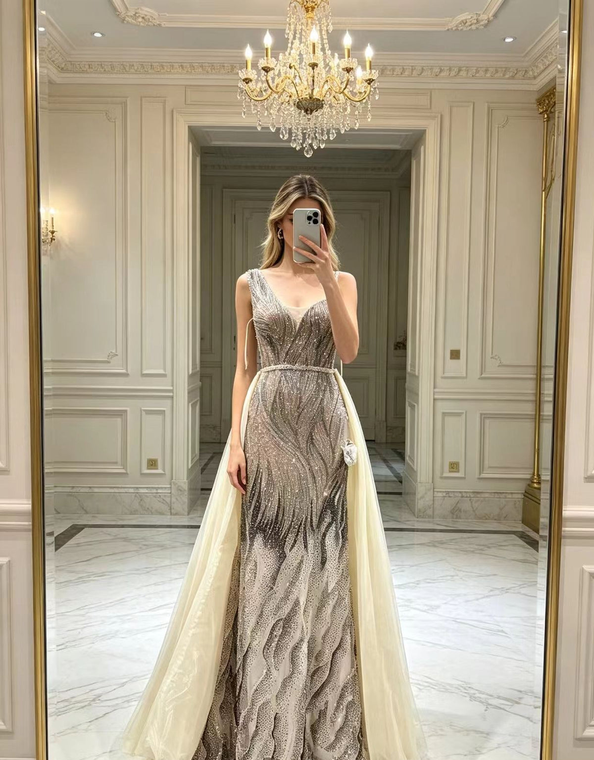 Amara champagne feather-beaded overskirt wedding dress by Areen Row, view 4