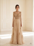 Amaya champagne beaded illusion a-line evening gown by Areen Row