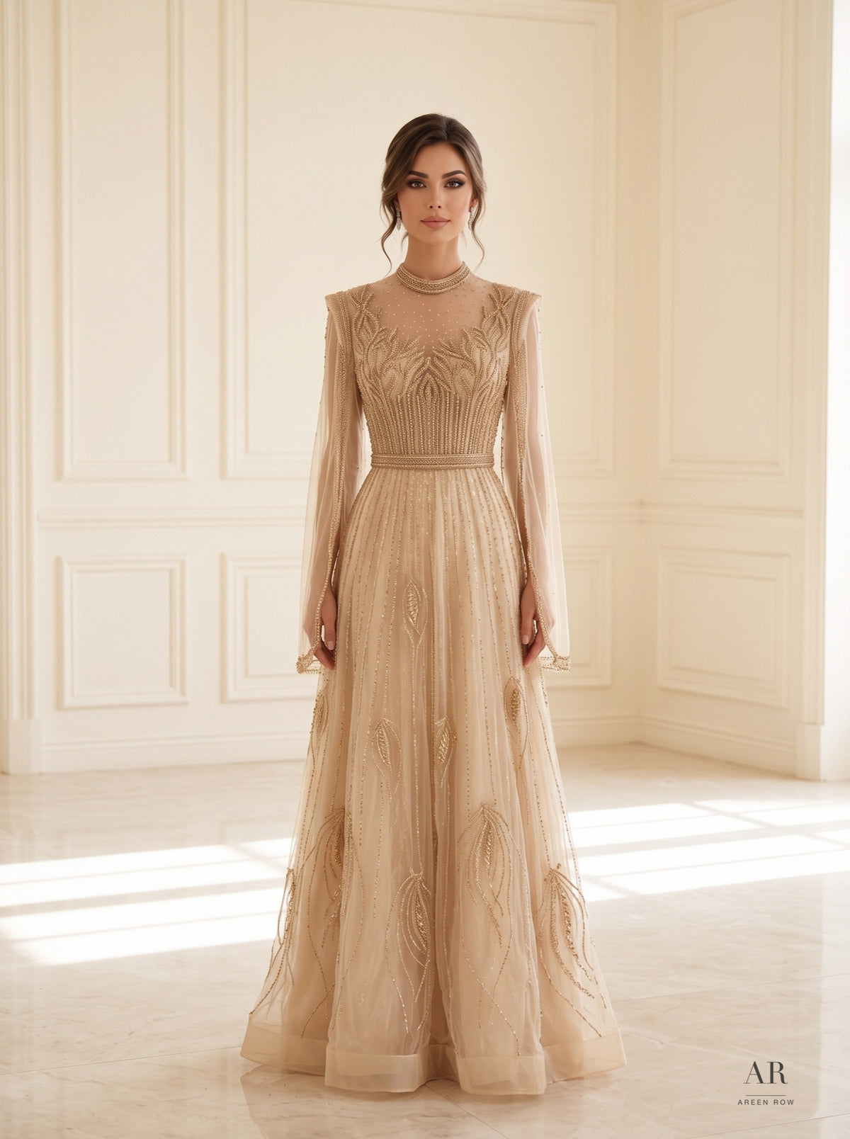 Amaya champagne beaded illusion a-line evening gown by Areen Row