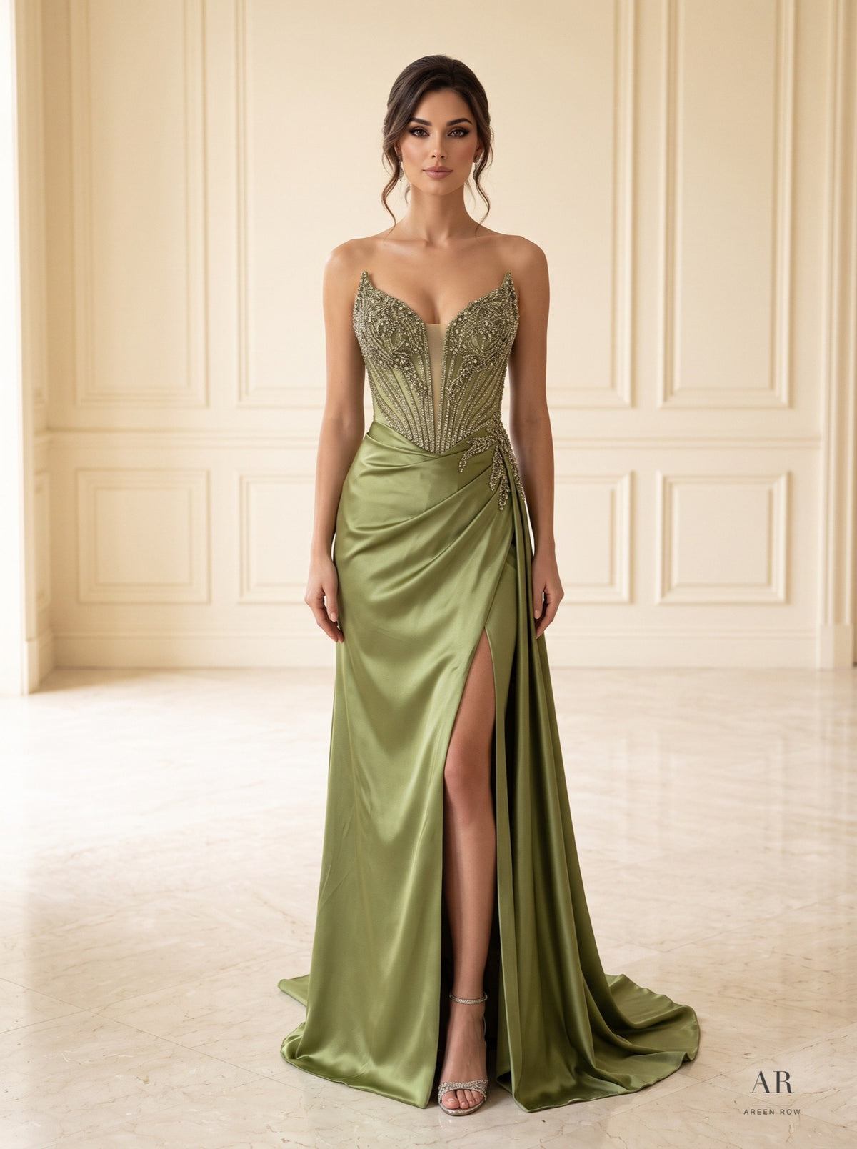 Anaya beaded sweetheart draped slit evening gown by Areen Row, front view