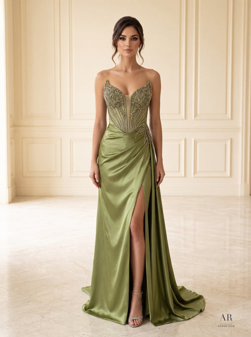 Anaya beaded sweetheart draped slit evening gown by Areen Row, front view