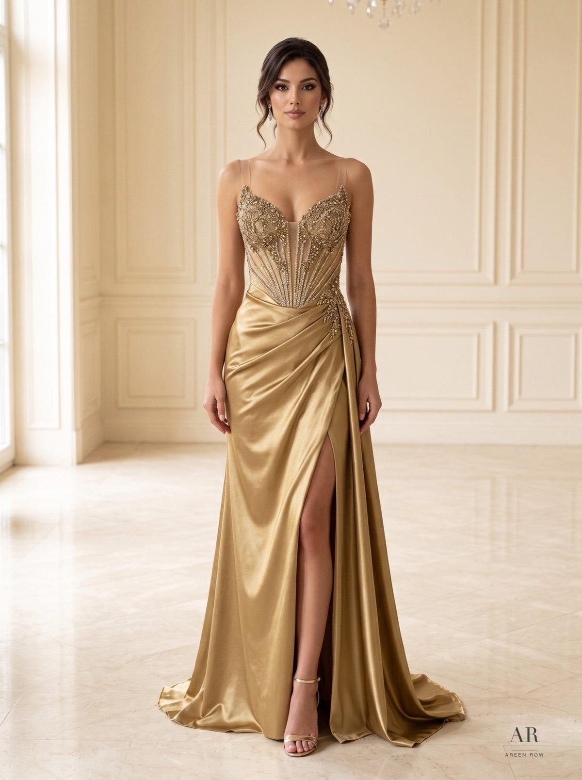Anaya beaded sweetheart draped slit evening gown by Areen Row, view 3