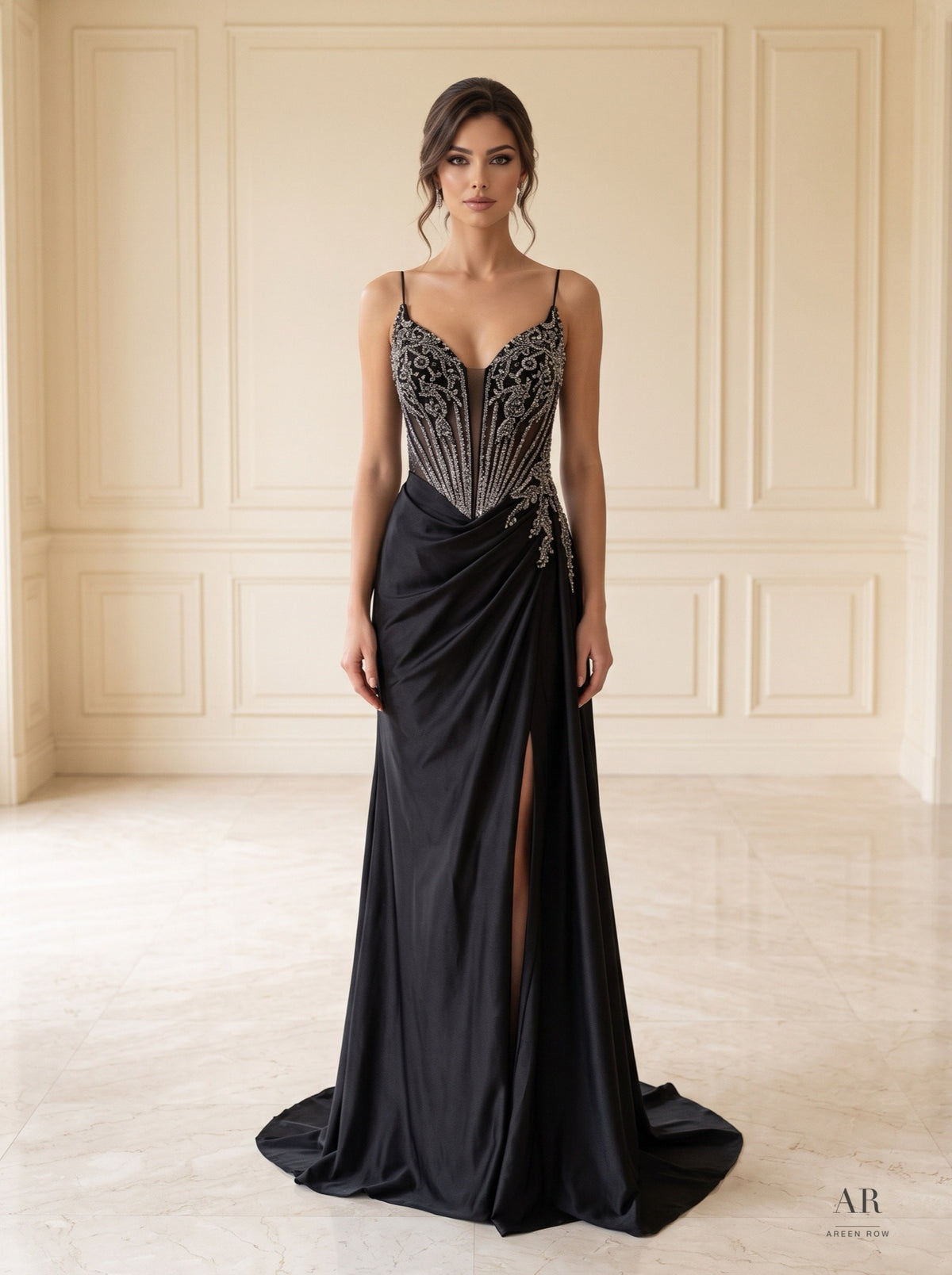 Anaya beaded sweetheart draped slit evening gown by Areen Row, view 5