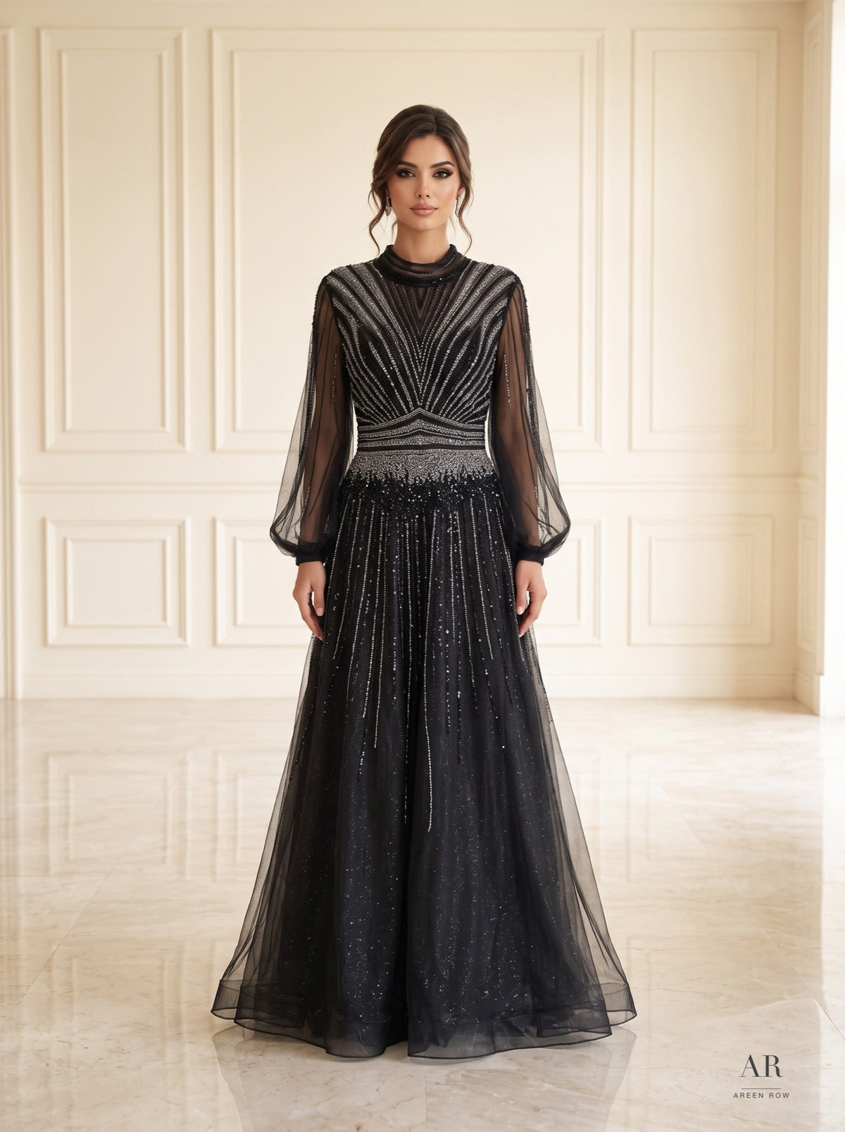 Anouk black beaded illusion bishop-sleeve evening gown by Areen Row