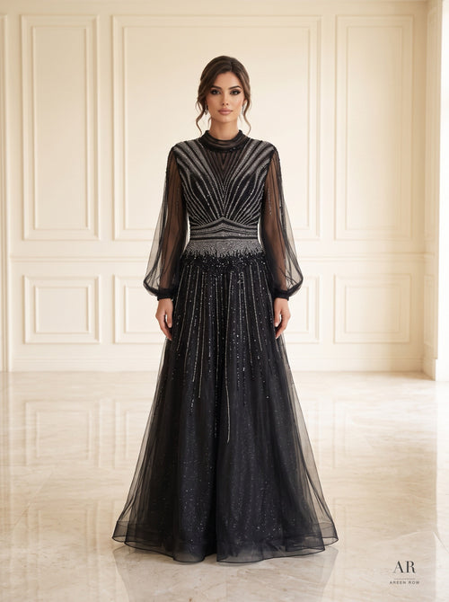 Anouk black beaded illusion bishop-sleeve evening gown by Areen Row