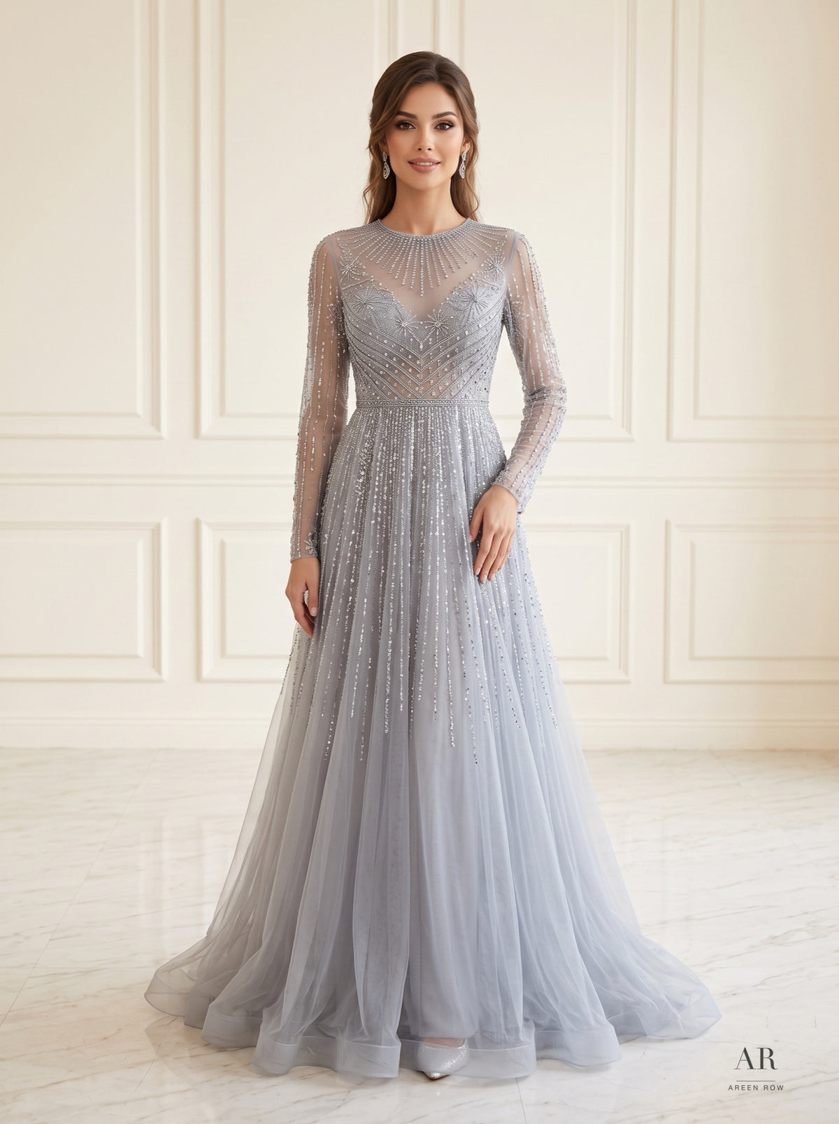 Ariella beaded illusion-neck a-line evening gown by Areen Row, front view