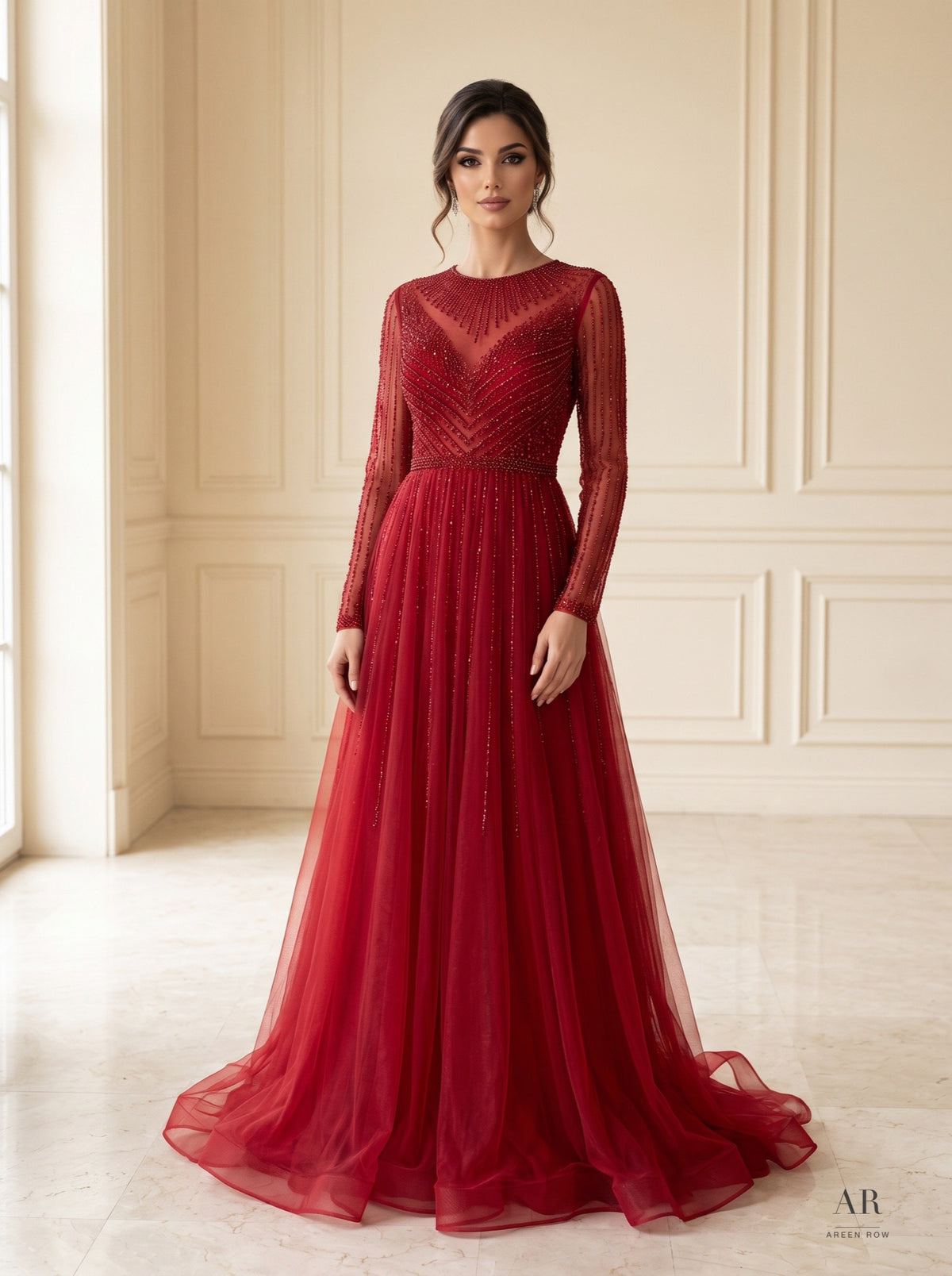 Ariella beaded illusion-neck a-line evening gown by Areen Row, detail view