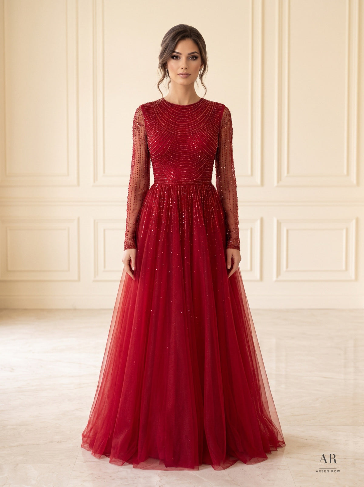 Ariella beaded illusion-neck a-line evening gown by Areen Row, view 3