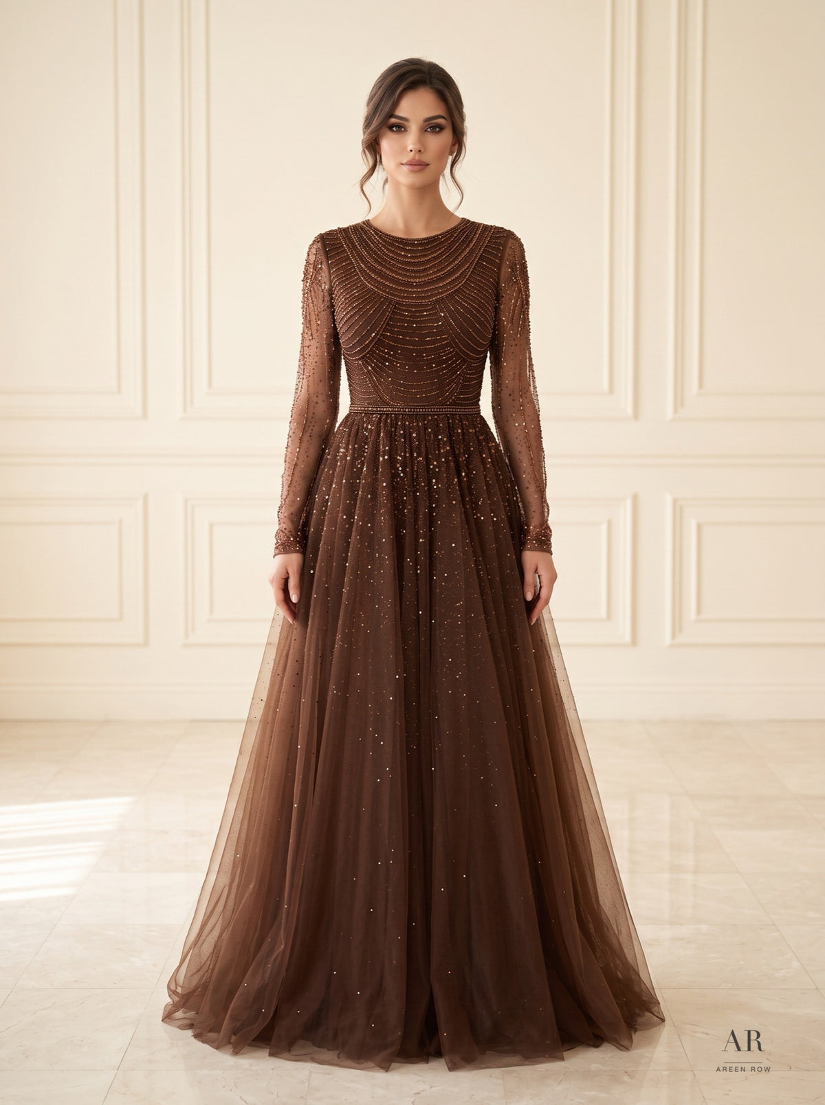 Ariella beaded illusion-neck a-line evening gown by Areen Row, view 4