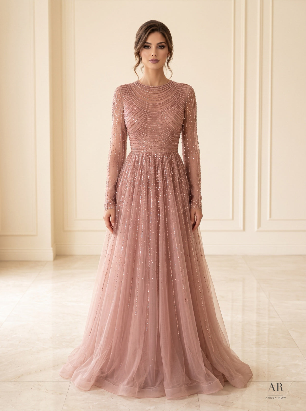 Ariella beaded illusion-neck a-line evening gown by Areen Row, view 5