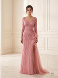 Astrid wavy beaded ruffled sheath evening gown by Areen Row, front view