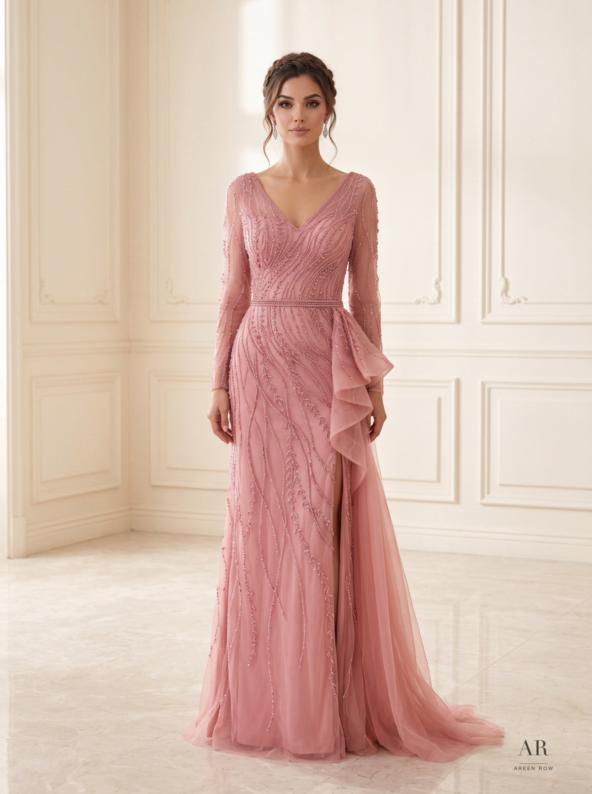 Astrid wavy beaded ruffled sheath evening gown by Areen Row, front view