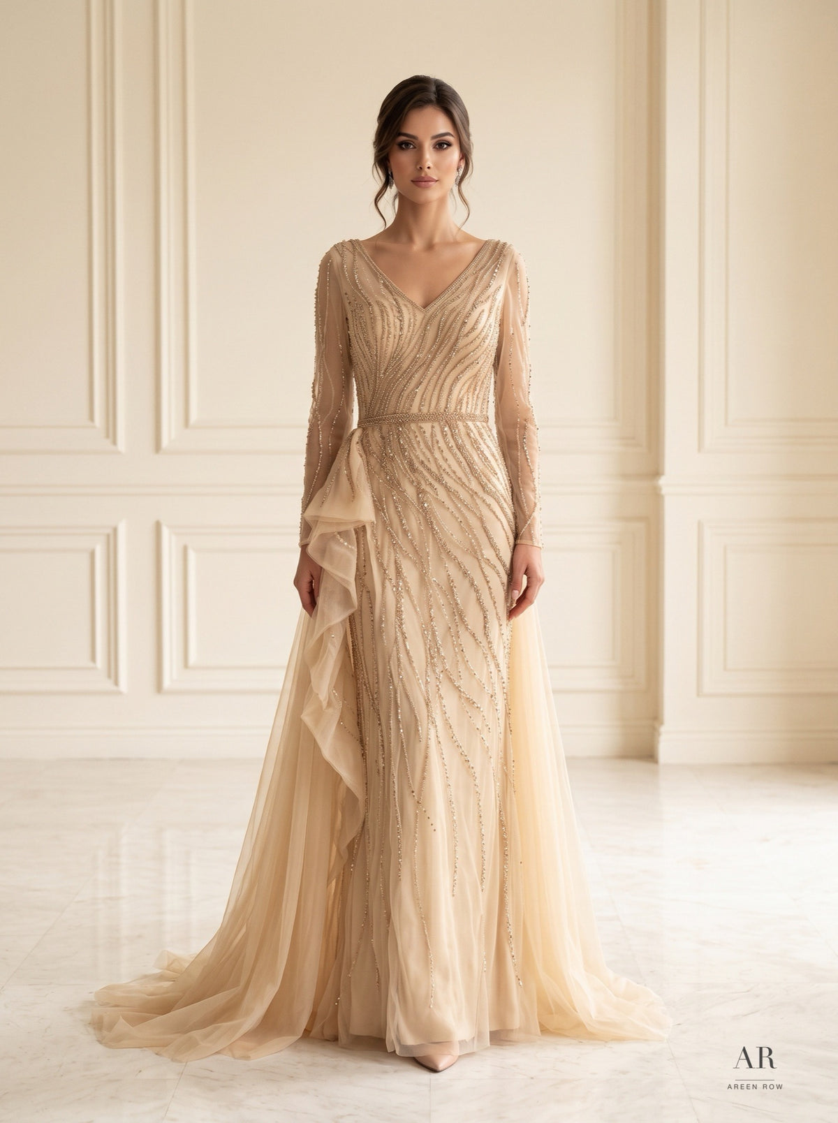 Astrid wavy beaded ruffled sheath evening gown by Areen Row, detail view